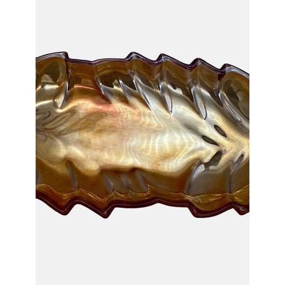 Vintage Leaf-Shaped Carnival Glass Dish Double Stems Marigold 11" x 4.5" Snack - Picture 3 of 7